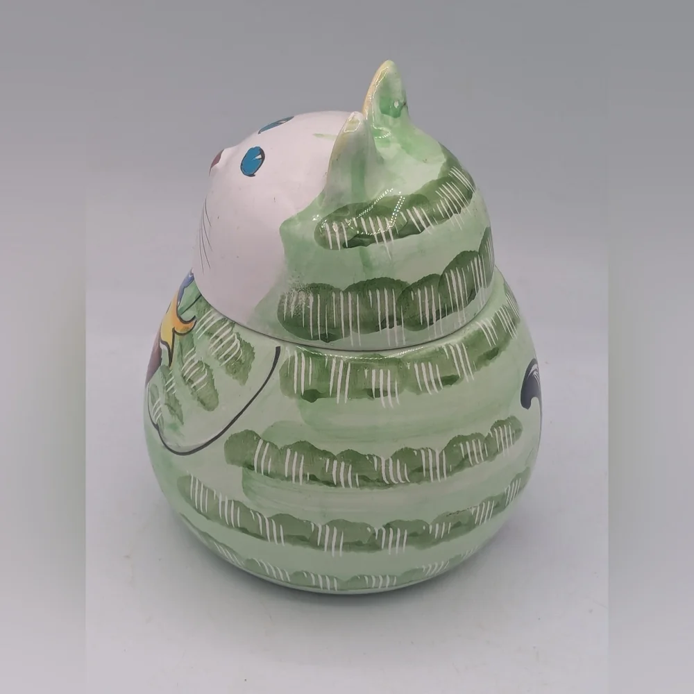 Vintage Pier 1 Imports roly poly Cat w/fish ceramic jar hand painted Italy